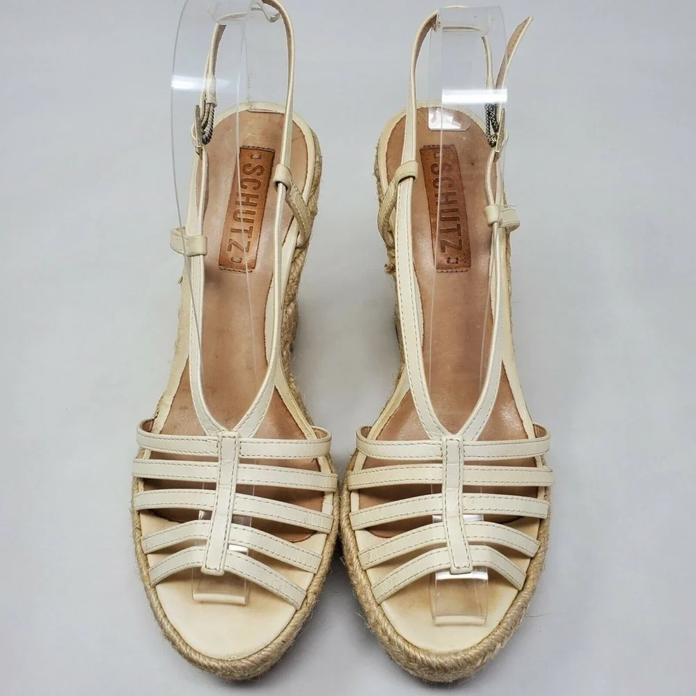 Schutz Gianne Size 8 Leather Espadrille Platform Wedge Cage Sandal Cream
